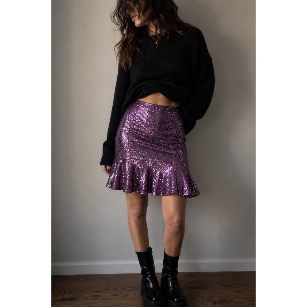 Joseph Ribkoff Purple Sequin Midi Skirt Size 8 Indie Sleaze Party Girl Glam‎